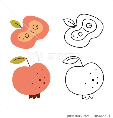 A small set with an apple and a half of apple. Black and white and color clipart vector illustration. 105663591