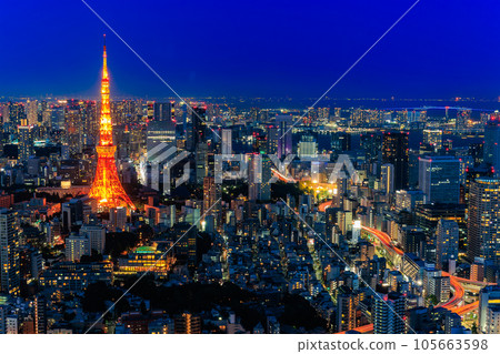 東京,港區,六本木新城天文台在晚上,從東京城市景觀視圖 東京,港區,六本木新城天文台在晚上,從東京城市景觀視圖 105663598