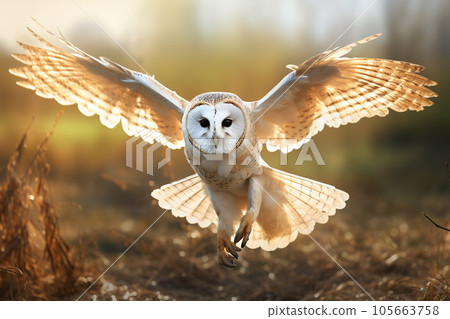Image of an barn owl is spreading its wings and flying in the meadow. Bird. Wildlife Animals. Illustration, Generative AI. Image of an barn owl is spreading its wings and flying in the meadow. Bird. Wildlife Animals. Illustration, Generative AI. 105663758