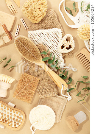 Top view photo of eco friendly personal care products on beige background Top view photo of eco friendly personal care products on beige background 105664254