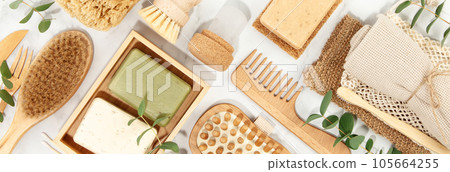 Top view photo of natural hand made soap bar and eco friendly personal care products 105664255