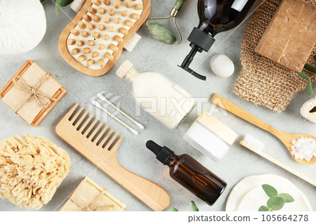 Top view photo of natural hand made soap bar and eco friendly personal care products 105664278
