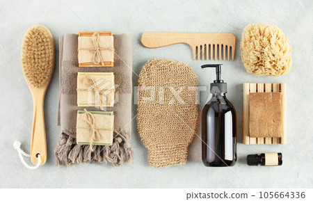 Top view photo of natural hand made soap bar and eco friendly personal care products 105664336