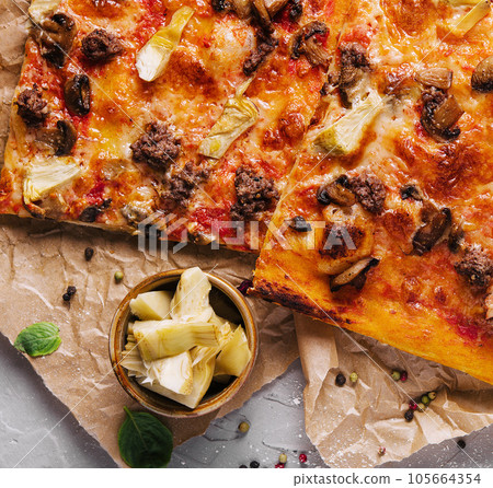 pizza with minced meat, artichokes and mushrooms pizza with minced meat, artichokes and mushrooms 105664354