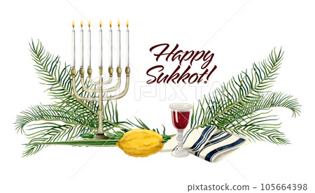 Happy Sukkot greeting banner watercolor illustration isolated on white background for Jewish Feast of Tabernacles with palm leaves, etrog fruit, Lulav, Arava, Hadass, menorah, tallit red wine glass Happy Sukkot greeting banner watercolor illustration isolated on white background for Jewish Feast of Tabernacles with palm leaves, etrog fruit, Lulav, Arava, Hadass, menorah, tallit red wine glass 105664398