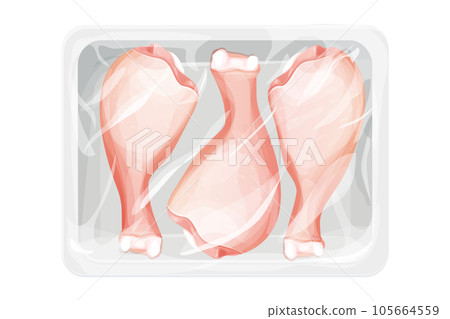 Chicken leg, raw drumstick top view in plastic tray, package with poultry in cartoon style isolated on white background. Bird meat uncoocked, ingredient design. 105664559