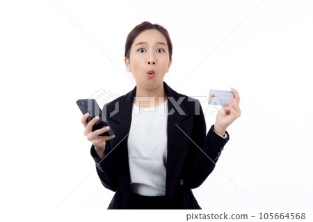 Portrait young asian business woman hold credit card and looking smart phone for shopping online. Portrait young asian business woman hold credit card and looking smart phone for shopping online. 105664568