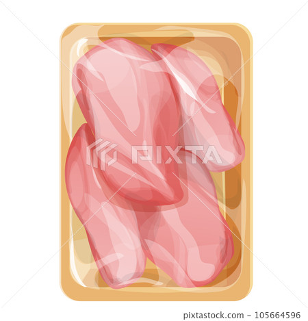 Chicken raw filet in plastic tray, package with poultry in cartoon style isolated on white background. Broiler meat covered  105664596