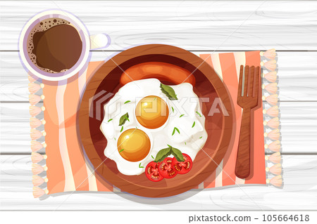 Brakfast with coffee Egg and tomatos and sauseges fried on wooden plate, kitchen table top view decorated with tablecloth in cartoon style. Morning food Brakfast with coffee Egg and tomatos and sauseges fried on wooden plate, kitchen table top view decorated with tablecloth in cartoon style. Morning food 105664618