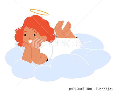 Adorable Cherubic Baby Angel Character With Red Hair, Halo, Tiny Wings, And A Sweet Smile, Lying On The Cloud Adorable Cherubic Baby Angel Character With Red Hair, Halo, Tiny Wings, And A Sweet Smile, Lying On The Cloud 105665130