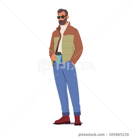 Character with Coffee Wears Cozy Layers, Like Turtleneck Shirt, Jacket, Paired With Jeans Or Chinos And Stylish Boots 105665230