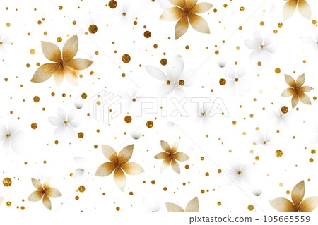Seamless pattern with golden flowers and glitter. Applicable for fabric print, textile, wrapping paper, wallpaper. White background with shiny elements. Repeatable texture. Generative AI. 105665559