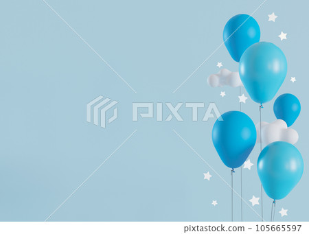 Blue background with helium balloons, stars and copy space. It's a boy backdrop with empty space for text. Baby shower or birthday invitation, party. Baby boy birth announcement. 3D render. Blue background with helium balloons, stars and copy space. It's a boy backdrop with empty space for text. Baby shower or birthday invitation, party. Baby boy birth announcement. 3D render. 105665597