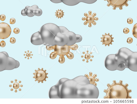 Seamless pattern with golden 3D suns and silver clouds on light blue background. Applicable for fabric print, textile, wallpaper. Repeatable texture. Modern style. 3D render. Seamless pattern with golden 3D suns and silver clouds on light blue background. Applicable for fabric print, textile, wallpaper. Repeatable texture. Modern style. 3D render. 105665598