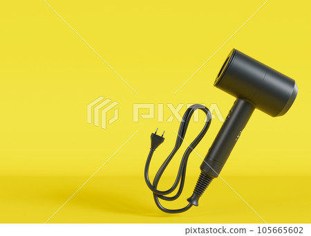 Hair dryer on yellow background with copy space. Empty space for text, advertising. Professional hair style tool. Realistic hairdryer for hairdresser salon or home usage. Tool for drying hair. 3D. 105665602