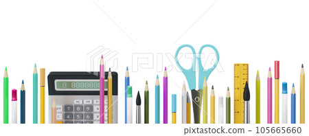 Colorful school stationery, supplies isolated on white background. Bottom border. Applicable for posters, announcements, advertising. Education, daycare, preschool. Back to school shopping, sale. 3D. Colorful school stationery, supplies isolated on white background. Bottom border. Applicable for posters, announcements, advertising. Education, daycare, preschool. Back to school shopping, sale. 3D. 105665660