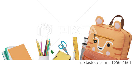 Colorful school stationery, supplies isolated on white background. Bottom border. Applicable for posters, announcements, advertising. Education, daycare, preschool. Back to school shopping, sale. 3D. Colorful school stationery, supplies isolated on white background. Bottom border. Applicable for posters, announcements, advertising. Education, daycare, preschool. Back to school shopping, sale. 3D. 105665661