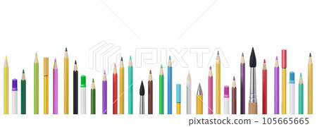 Colorful school stationery, supplies isolated on white background. Bottom border. Applicable for posters, announcements, advertising. Education, daycare, preschool. Back to school shopping, sale. 3D. Colorful school stationery, supplies isolated on white background. Bottom border. Applicable for posters, announcements, advertising. Education, daycare, preschool. Back to school shopping, sale. 3D. 105665665