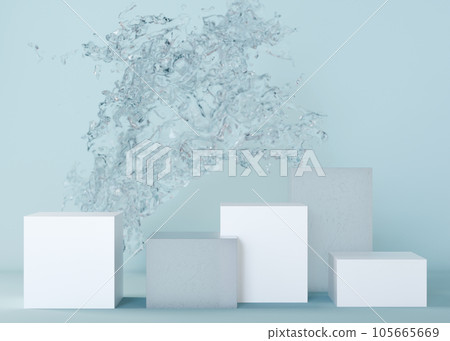 White and glass podiums with water splash on blue background. Mock up for product, cosmetic presentation. Pedestal or platform for beauty products. Empty scene. Stage, display, showcase. 3D rendering. 105665669