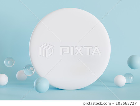 Blue background with 3d spheres and empty space for text. Blank white circle shape with copy space. Place here your advertising, announcement, logo. 3D rendering. 105665727