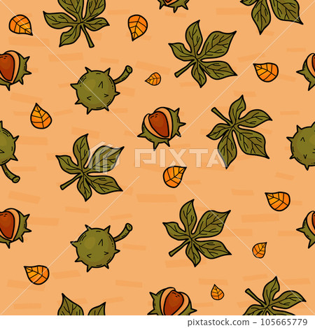 Seamless autumn pattern. Green leaves and brown chestnut fruits on beige background with falling leaves. Vector illustration for design, decoration, wallpaper, packaging, textile 105665779