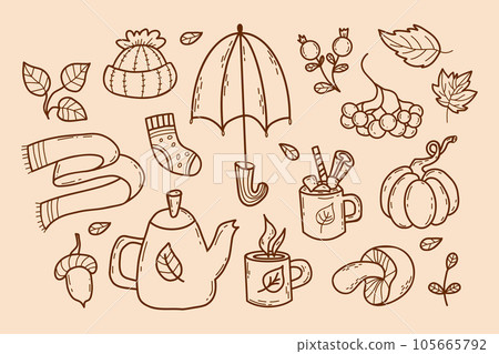 Cozy autumn doodles. Knitted hat and scarf, socks, umbrella, teapot with cups, forest mushroom, pumpkin, berries, acorn and autumn leaves. Vector illustration. Isolated outline hand drawing 105665792