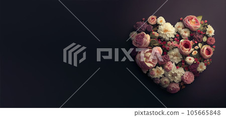Beautiful banner with heart made from flowers and copy space. Valentine's Day background. Empty space for advertising text, invitation, logo. Postcard, greeting card design. Generative AI. 105665848