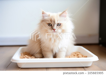 A fluffy cat is sitting in a cat toilet A fluffy cat is sitting in a cat toilet 105665995