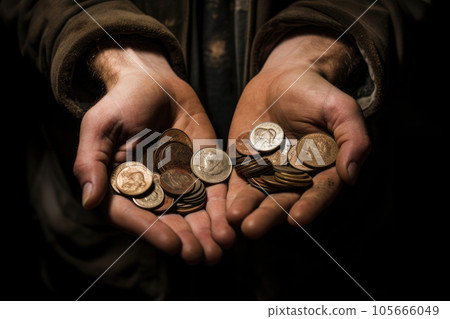 Dirty hands of a beggar man with coins. Dirty hands of a beggar man with coins. 105666049