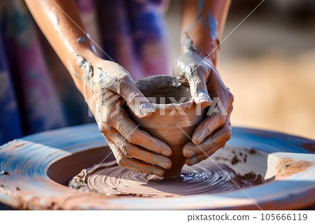 Woman is making a clay bowl 105666119