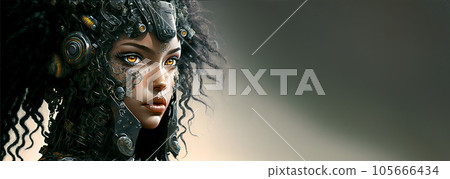 Beautiful robot-woman. Banner with copy space. Artificial intelligence, digital technology. Digital smart world metaverse. Generative AI. 105666434