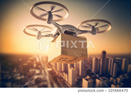 Flying drone with package. Post of the future. Futuristic world. Generative AI. 105666470