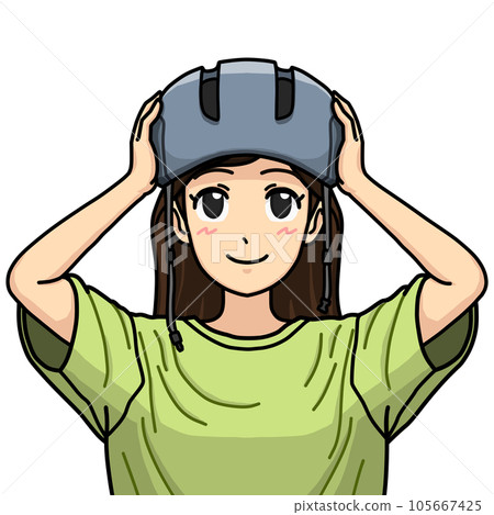 Illustration of a woman looking up and trying to put on a helmet Illustration of a woman looking up and trying to put on a helmet 105667425