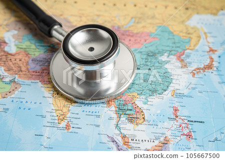 Bangkok, Thailand June 1, 2022, Stethoscope on Asia world globe map background. Bangkok, Thailand June 1, 2022, Stethoscope on Asia world globe map background. 105667500