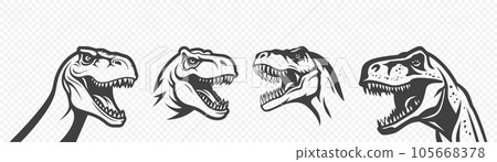 Vector Black and White Tyrannosaurus Rex Head Icon Set, Cutout Silhouette Illustration 105668378