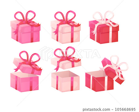 Closed and opened pink and red boxes set with red, white ribbon bows. Illustration isolated on white background in realistic cartoon style. Closed and opened pink and red boxes set with red, white ribbon bows. Illustration isolated on white background in realistic cartoon style. 105668695