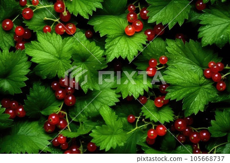 Ripe fresh red currants with green leaves as background, closeup photo, top view. 105668737