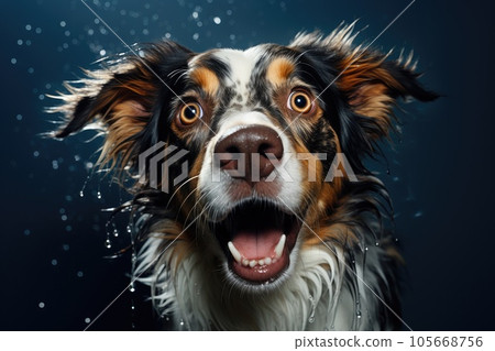 Portrait of amazement Australian Shepherd dog. Wet dog opened mouth surprised, close-up front view. 105668756