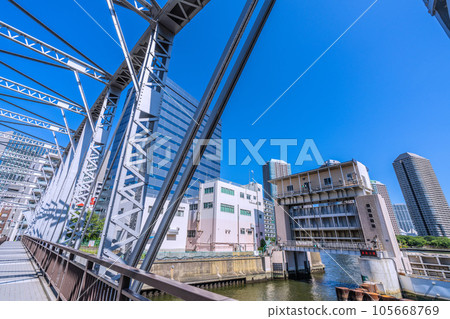 Cityscape of Tokyo, Japan View of the Kameshima River Floodgate from Minami Takahashi (to the far left of the floodgate is the direction of Okawabata River City 21) 105668769
