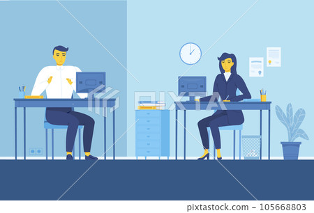 Casual Teamwork. People with yellow skin working together with computers in different places. Outsource, remote work, onlime managing task concept. Stock vector illustration in flat corpotate memphis 105668803