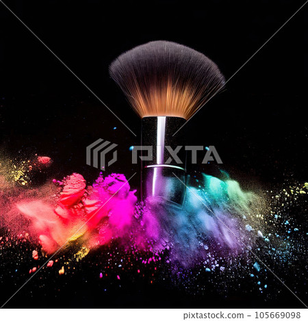 Make-up brushes with colorful powder explosion isolated in a black background. Make-up brushes with colorful powder explosion isolated in a black background. 105669098