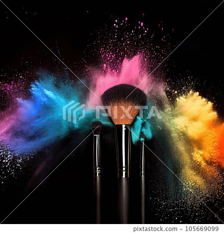 Make-up brushes with colorful powder explosion isolated in a black background. Make-up brushes with colorful powder explosion isolated in a black background. 105669099
