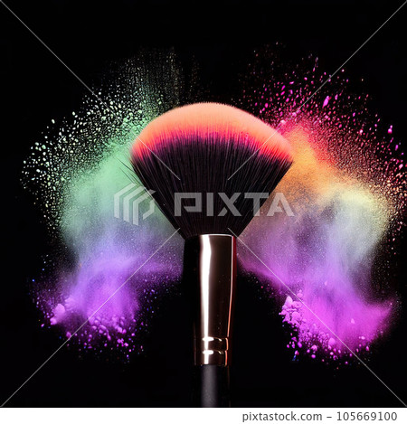 Make-up brushes with colorful powder explosion isolated in a black background. Make-up brushes with colorful powder explosion isolated in a black background. 105669100