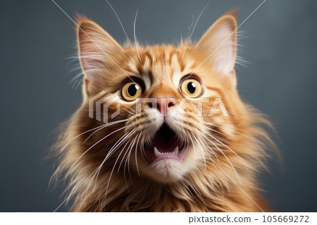 Portrait of amazement cat. Cute red cat opened mouth surprised, close-up front view. Portrait of amazement cat. Cute red cat opened mouth surprised, close-up front view. 105669272