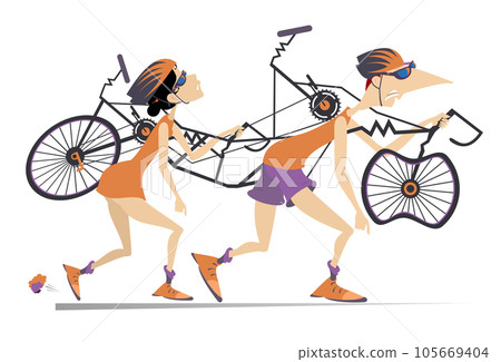 Tired cyclists man and woman carrying a broken tandem bike. Tired cyclists man and woman carrying a broken tandem bike on the shoulders Tired cyclists man and woman carrying a broken tandem bike. Tired cyclists man and woman carrying a broken tandem bike on the shoulders 105669404