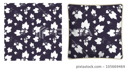 Square decorative pillow, bedroom accessory decorated seamless pattern with white leaves and tendrils. Vector ornament for design of posters and printing on textile 105669469