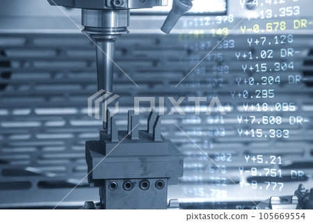 Abstract scene the CNC milling machine cutting the graphite electrode parts and G-code data background. 105669554