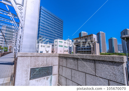 Cityscape of Tokyo, Japan View of Kameshima River Water Gate and Okawabata River City 21 from Minamitakahashi Bridge 105670070