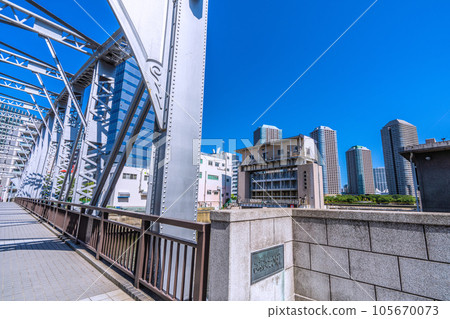 Cityscape of Tokyo, Japan View of Kameshima River Water Gate and Okawabata River City 21 from Minamitakahashi Bridge 105670073