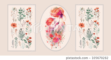 Happy Mother's Day. Vector watercolor illustrations of mother, child, twigs, leaves, flowers, paint strokes. Drawings for a postcard, poster, or background 105670282